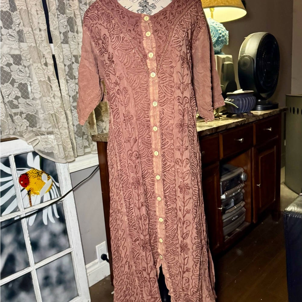 90’s Vintage Brown Maxi Dress with Embroidery and Scoop Neck